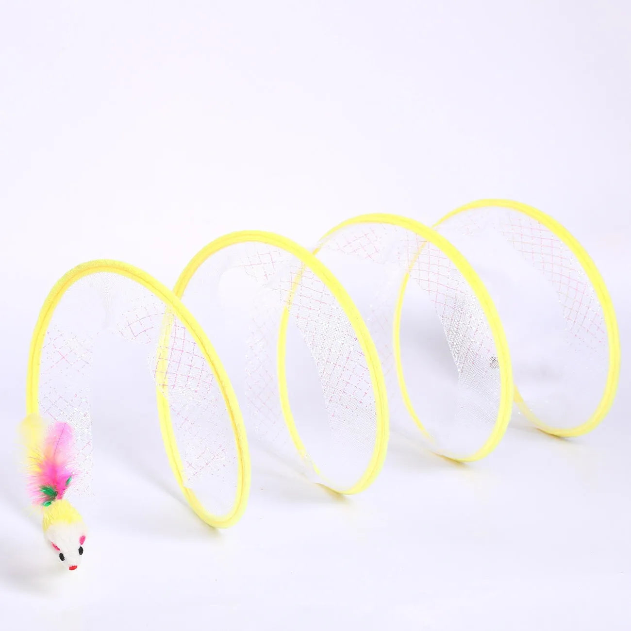 S-type cat tunnel toy with steel wire frame and elastic net fabric featuring feather stimulation elements