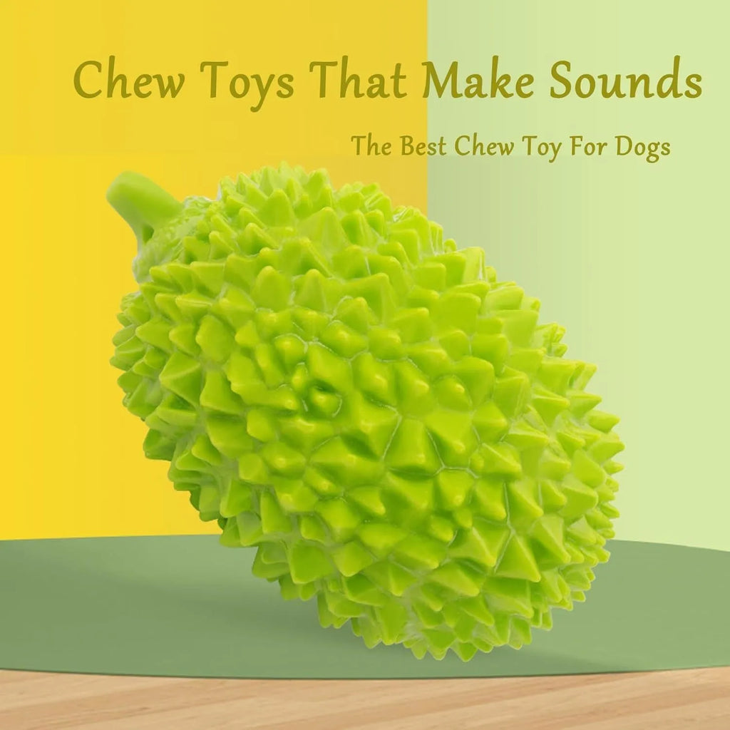 Durian-shaped dog chew toy in yellow with raised surfaces for teeth cleaning