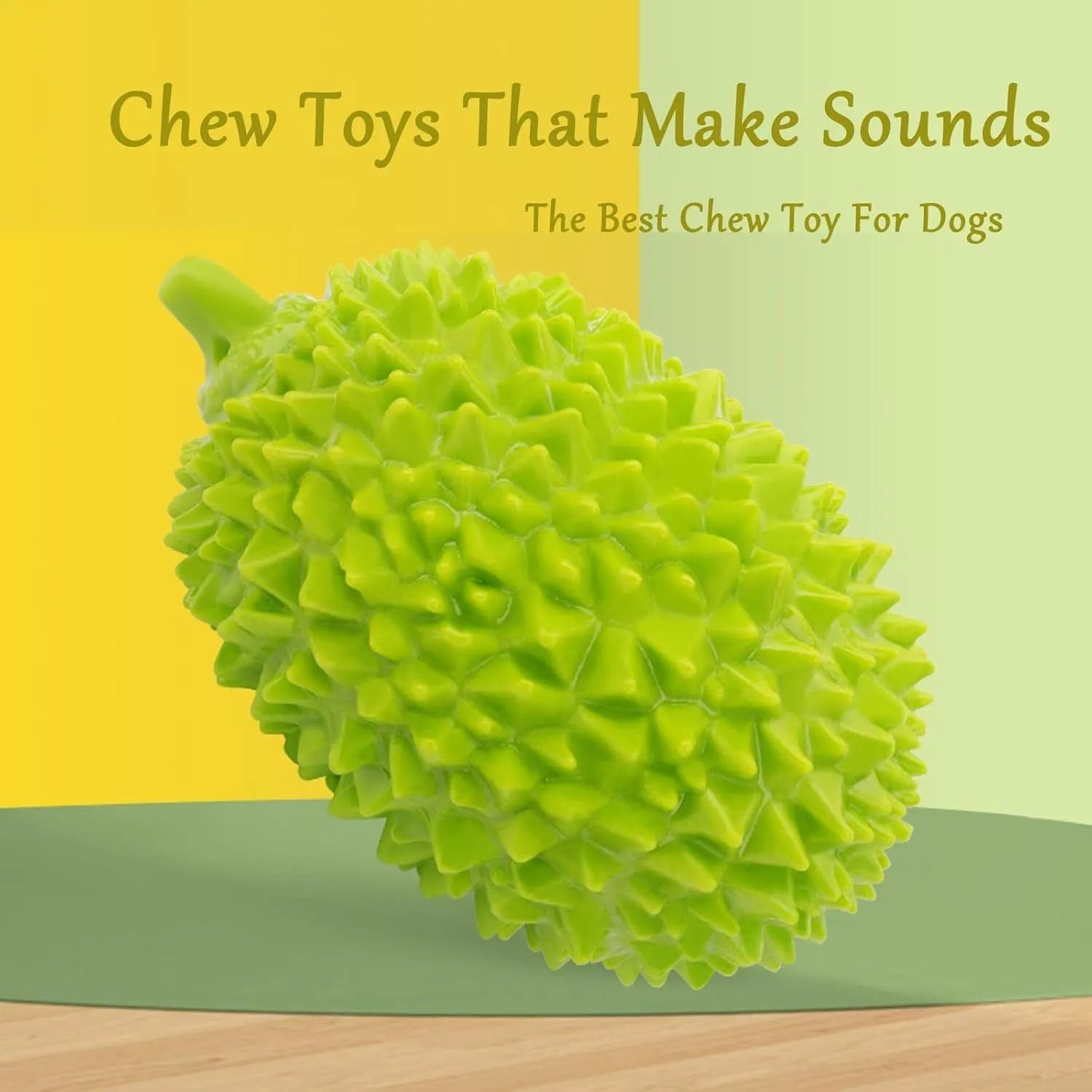 Durian-shaped dog chew toy in yellow with raised surfaces for teeth cleaning