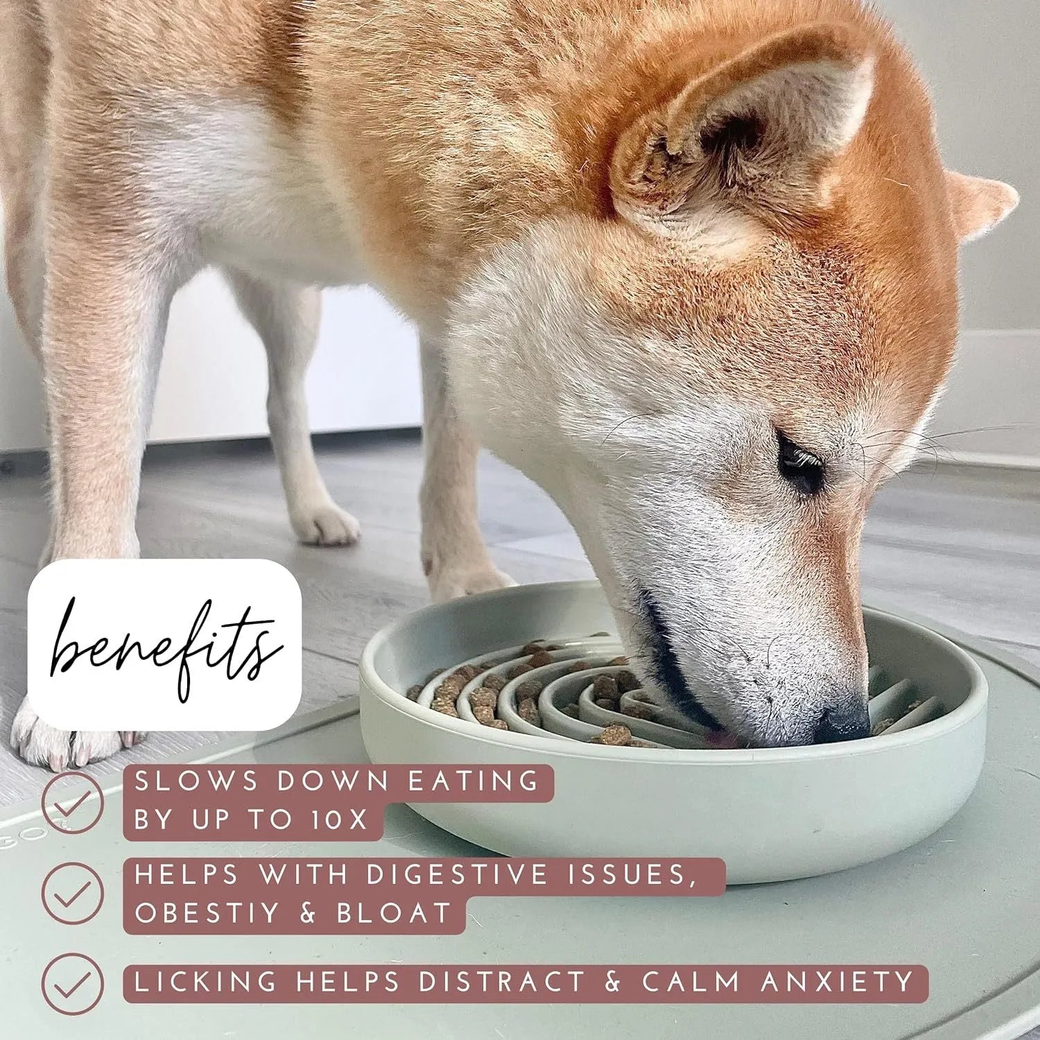 Silicone slow feeder bowl for dogs with ridges and nooks, available in beige, charcoal ash, gray blue, mango yellow, mustard green, or red.