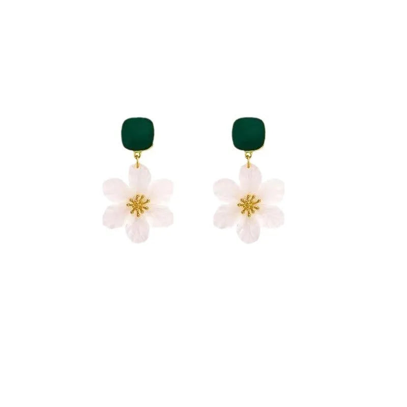 Dark green alloy drop earrings with a detailed sterling silver needle flowers sweet design.