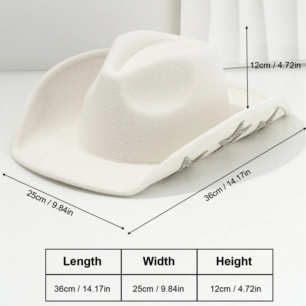 Woolen felt western denim top hat with hexagonal star in beige, black, rose red, white, light pink, or brown, conical crown style
