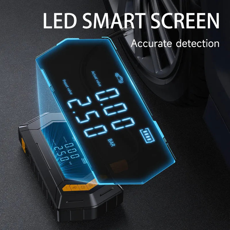 Portable car jump starter and tyre inflator with smart battery clips and EVA bag, 10000mAh or 12000mAh, PC ABS body.