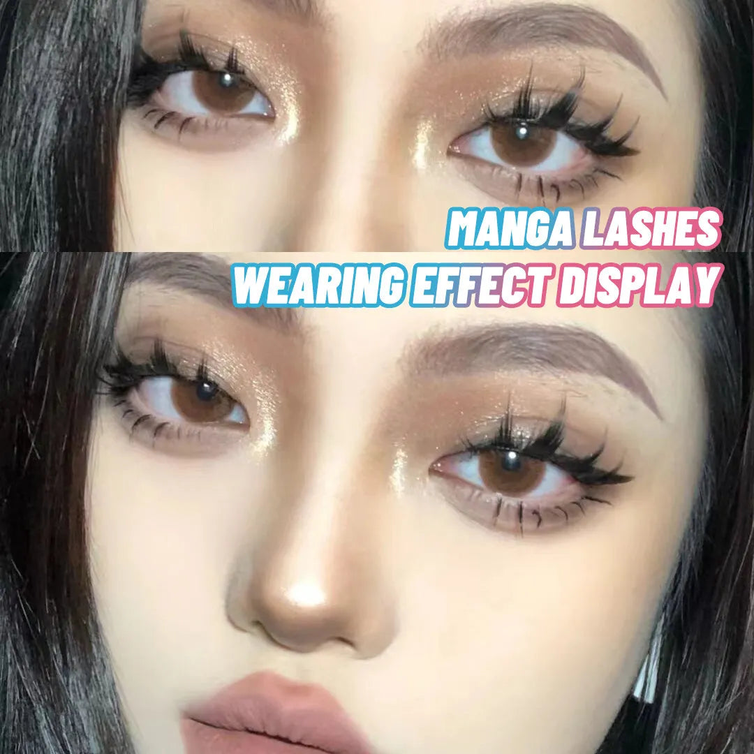 Pack of 5 pairs of black manga false eyelashes in three natural wispy styles 007, 008, 009 for cosplay.
