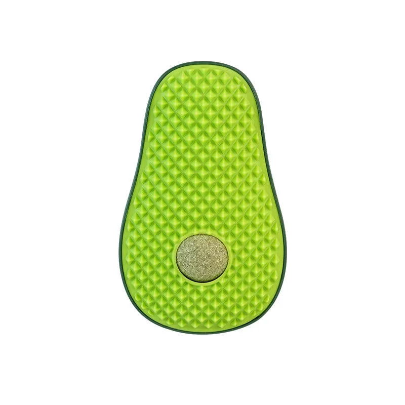 Green avocado-shaped cat scratching toy with textured posts on a white background