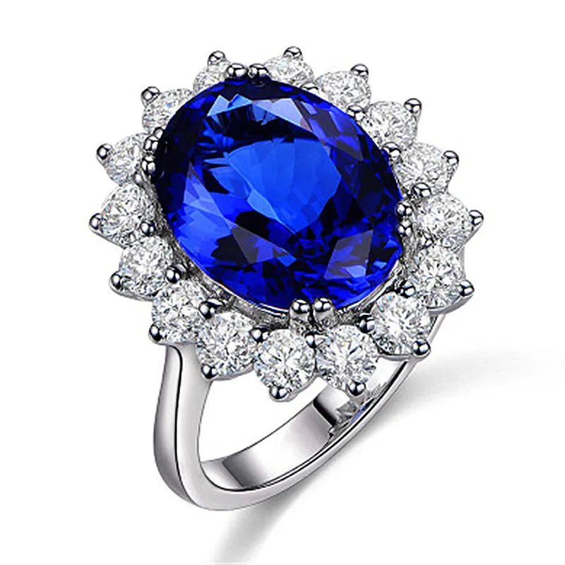 Adjustable opening geometric rhinestone ring in platinum-colour white copper with tanzanite sapphire stones