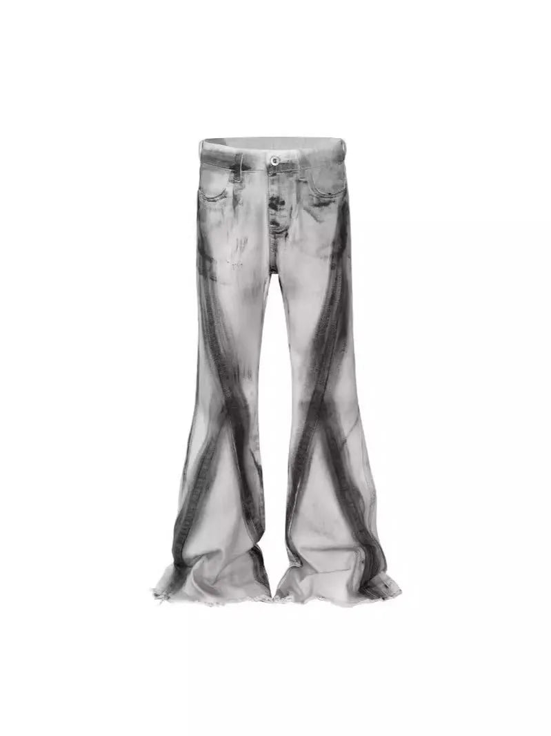 White American street retro heavy rough selvedge style jeans with a black ribbon gradient pattern.