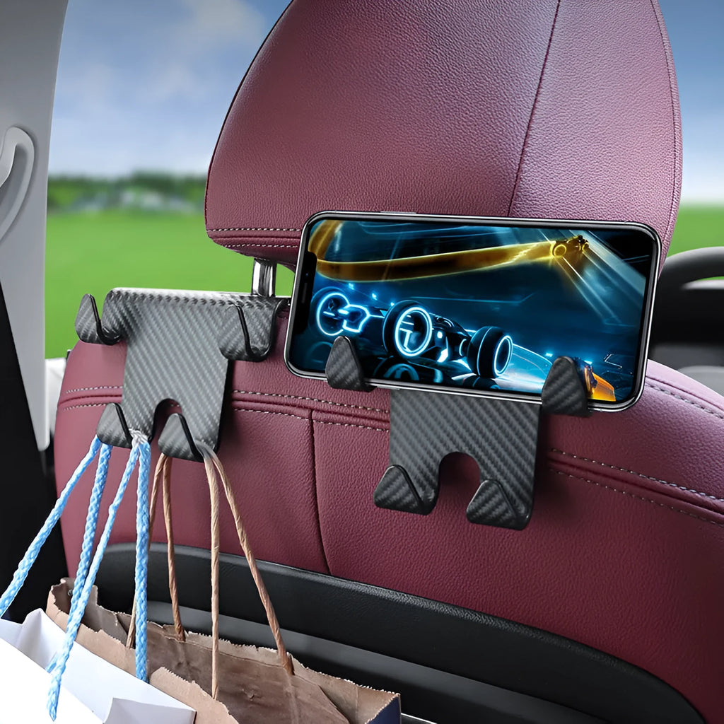Black ABS plastic car hook and mobile phone holder bracket for rear seat back storage.