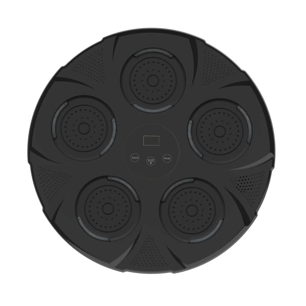Black wall-mounted smart boxing trainer sandbag with striking target pads and integrated lighting.