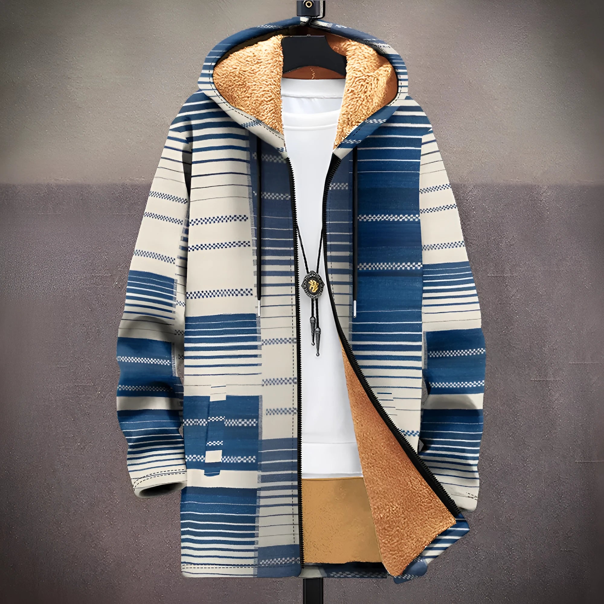 Men's multicolour pattern hooded cardigan with front zip closure in loose fit