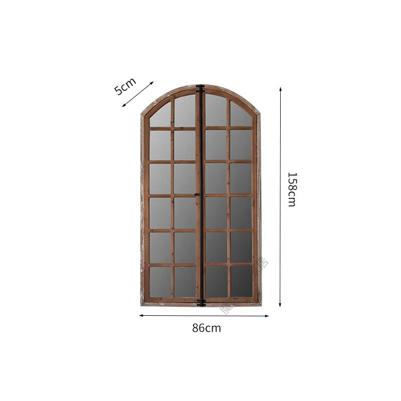 Terrace distressed fake window wall mirror with wooden frame and glass panel in log colour