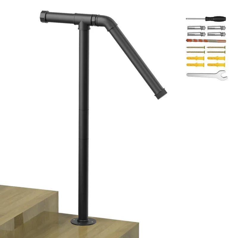 Black metal ladder support bracket for minimalist American household staircase installation.