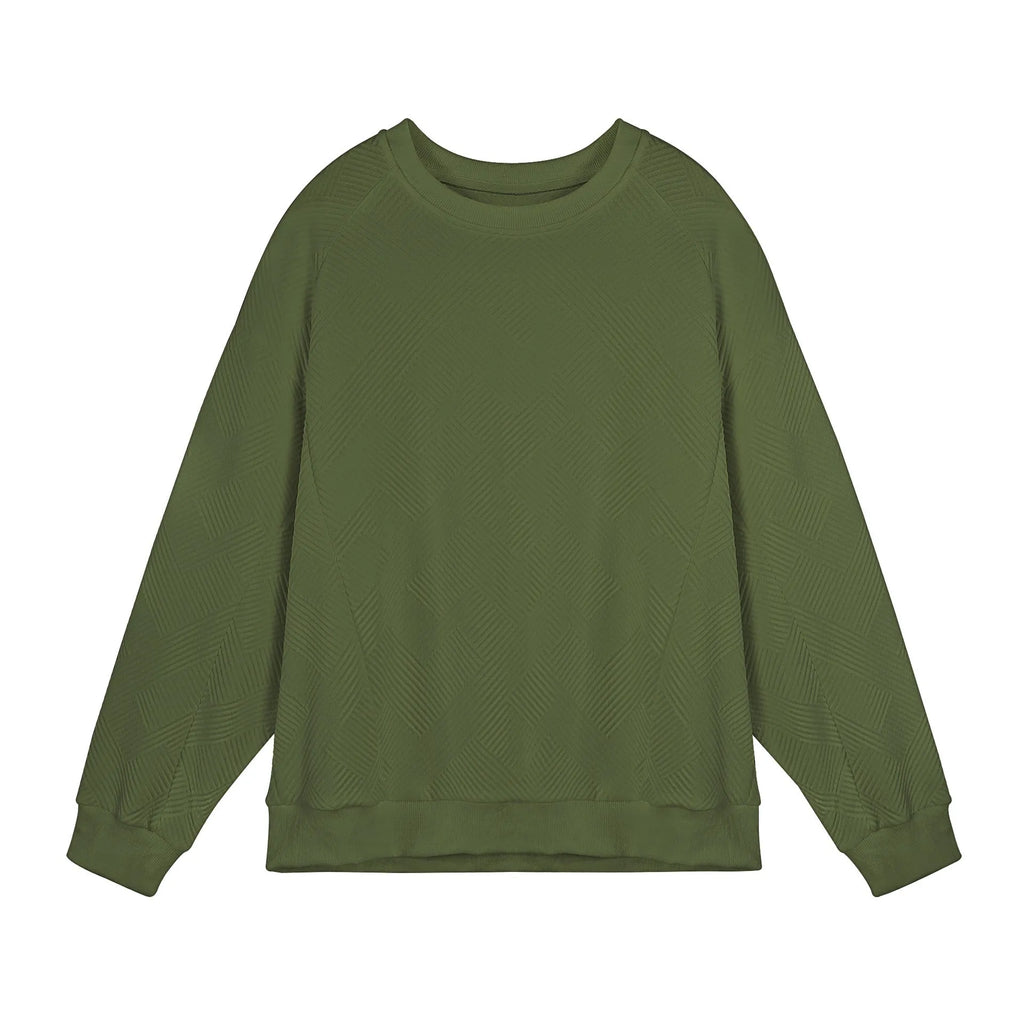 Men's solid colour long-sleeved sweater in twill jacquard fabric, shown in a loose fit with a round neck.