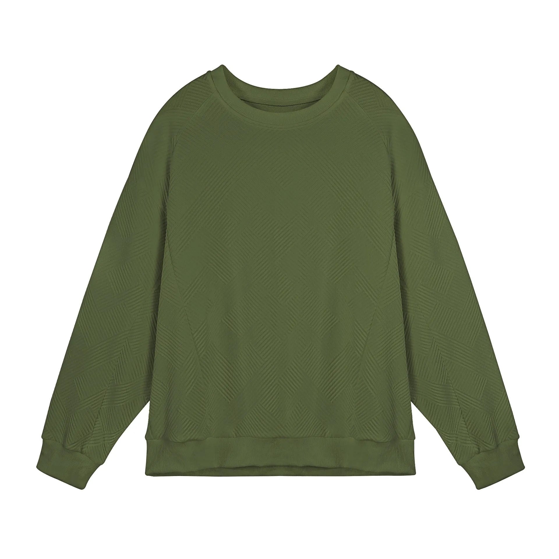 Men's solid colour long-sleeved sweater in twill jacquard fabric, shown in a loose fit with a round neck.