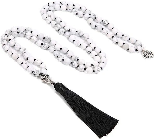 Handmade knotted beaded necklace with 108 stone pendants showing colour variations