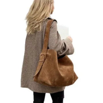 Brown velvet bucket shoulder bag for women with slit pocket, 40 x 15 x 25cm