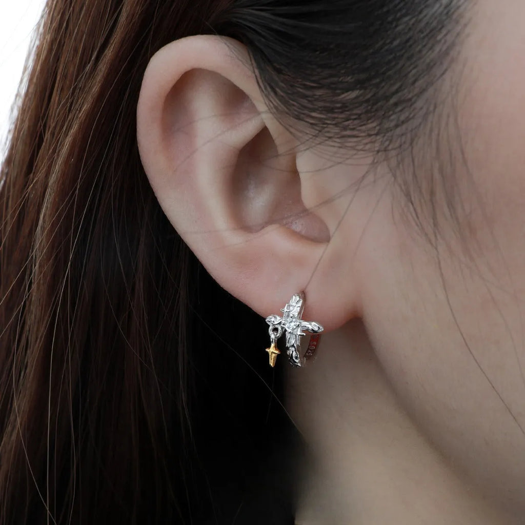 XINGX geometric cross earrings with 1.5cm round element in electroplated white gold colour on 925 silver