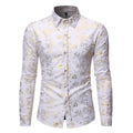 Men's metal bronzing printed lapel shirt with elastic fabric in wine red, showing cardigan style front and long sleeves