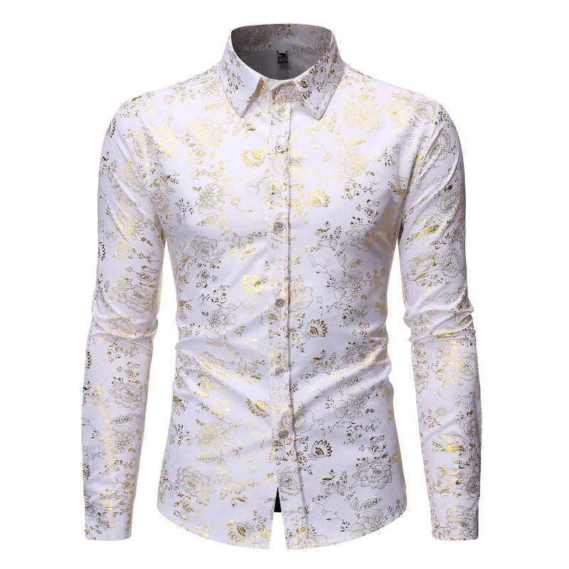 Men's metal bronzing printed lapel shirt with elastic fabric in wine red, showing cardigan style front and long sleeves