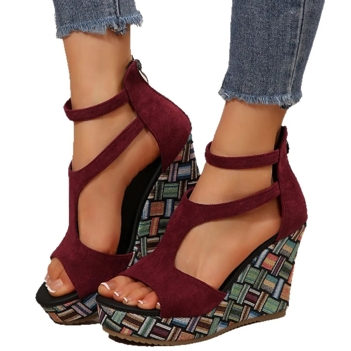 Women's thick-soled ankle-strap slope sandals with buckle closure and hemp-patterned rubber sole