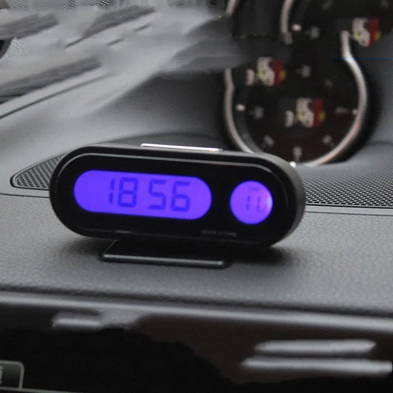 Black car clock thermometer measuring 7.5cm with digital LED display showing time and temperature