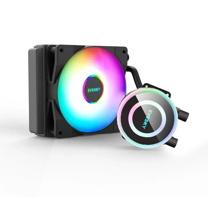 CPU radiator with RGB lighting showing aluminium construction and multiple colour options for PC cooling