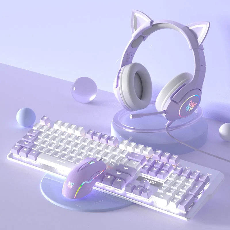 Purple and white mechanical keyboard and mouse wired set with RGB backlight illumination
