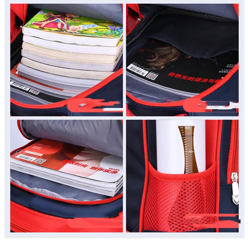 Blue cartoon school backpack with pencil case, showing front design and strap details