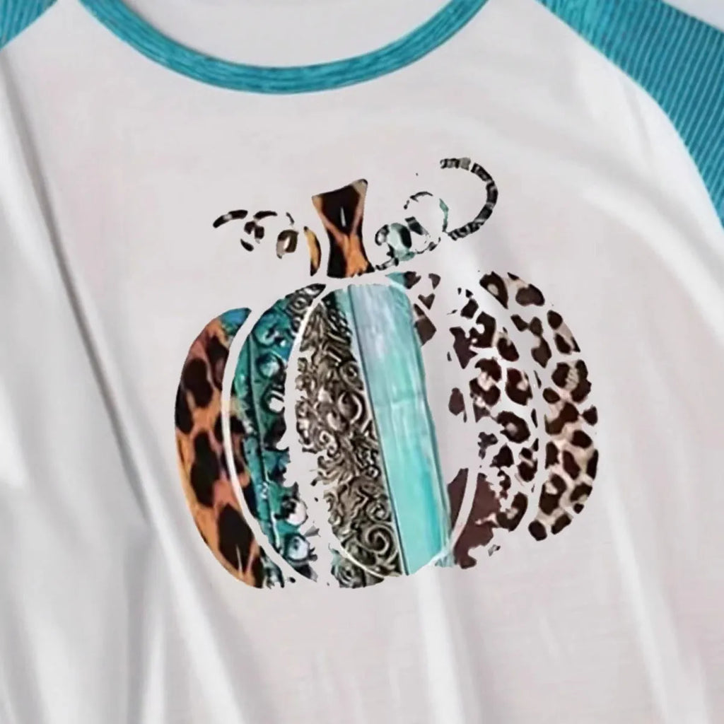 Sky blue casual T-shirt with Halloween pumpkin 3D printed pattern and long sleeves