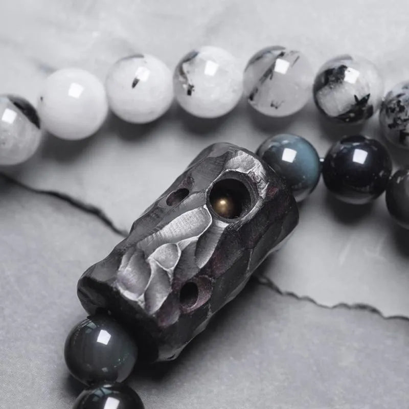 Ethnic black crystal bracelet with white tassels and elastic lacing in four sizes for boys and girls