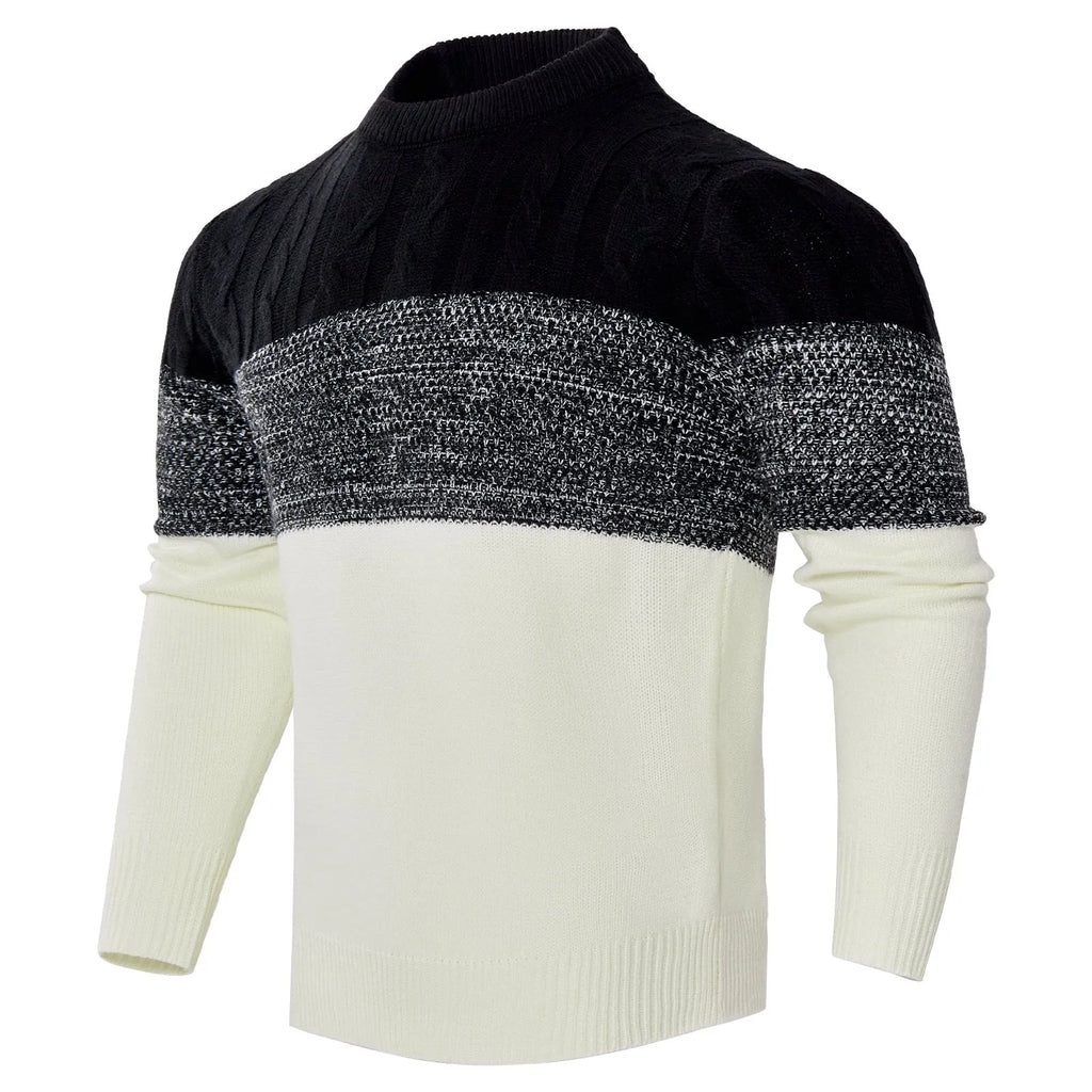 Men's grey knitted pullover sweater with ribbed crew neck and cuffs on a hanger.