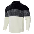 Men's grey knitted pullover sweater with ribbed crew neck and cuffs on a hanger.