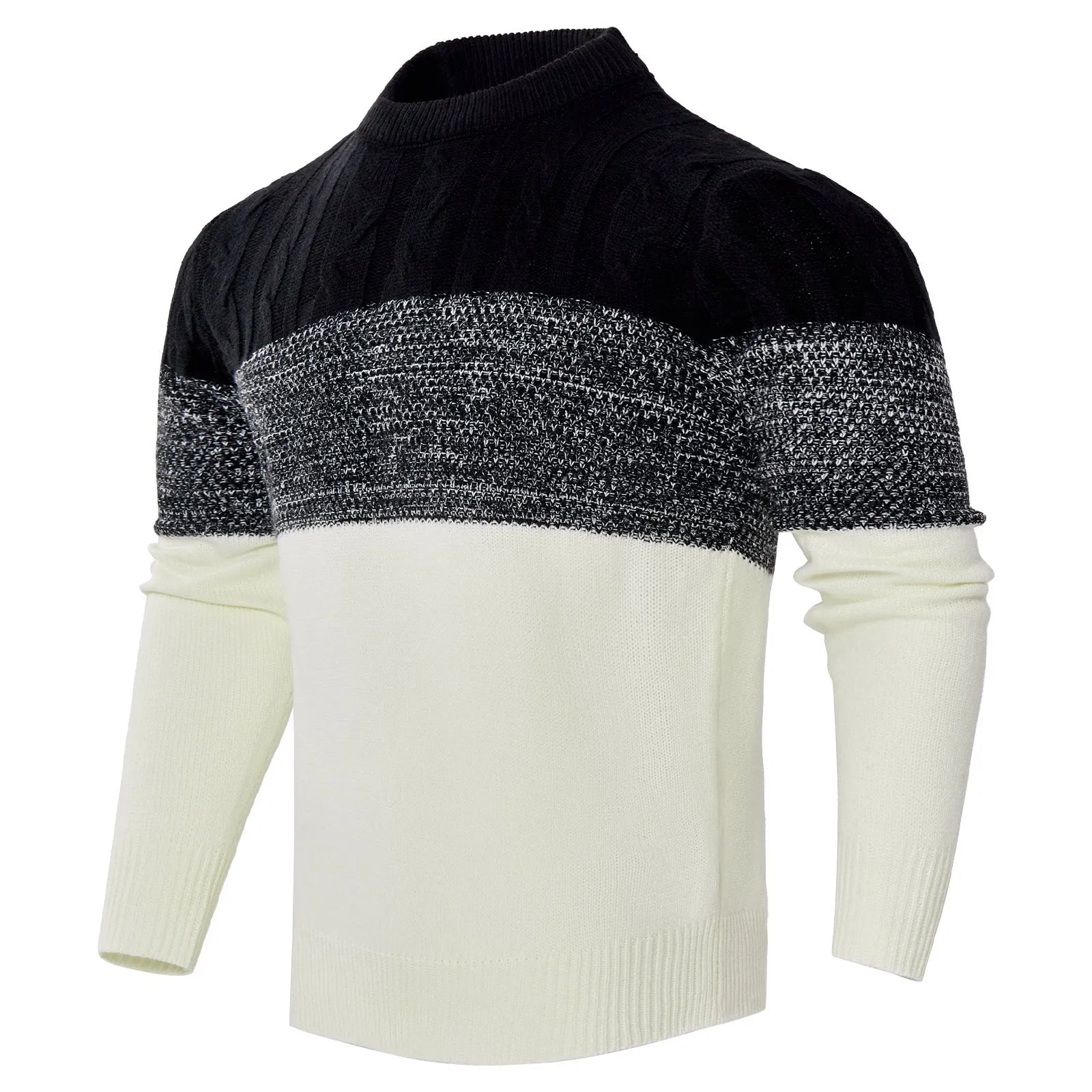Men's grey knitted pullover sweater with ribbed crew neck and cuffs on a hanger.