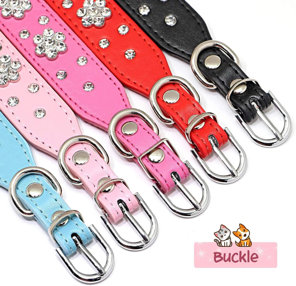 Black PU leather dog collar with rhinestone flower pattern and studded design, adjustable with metal eyelets