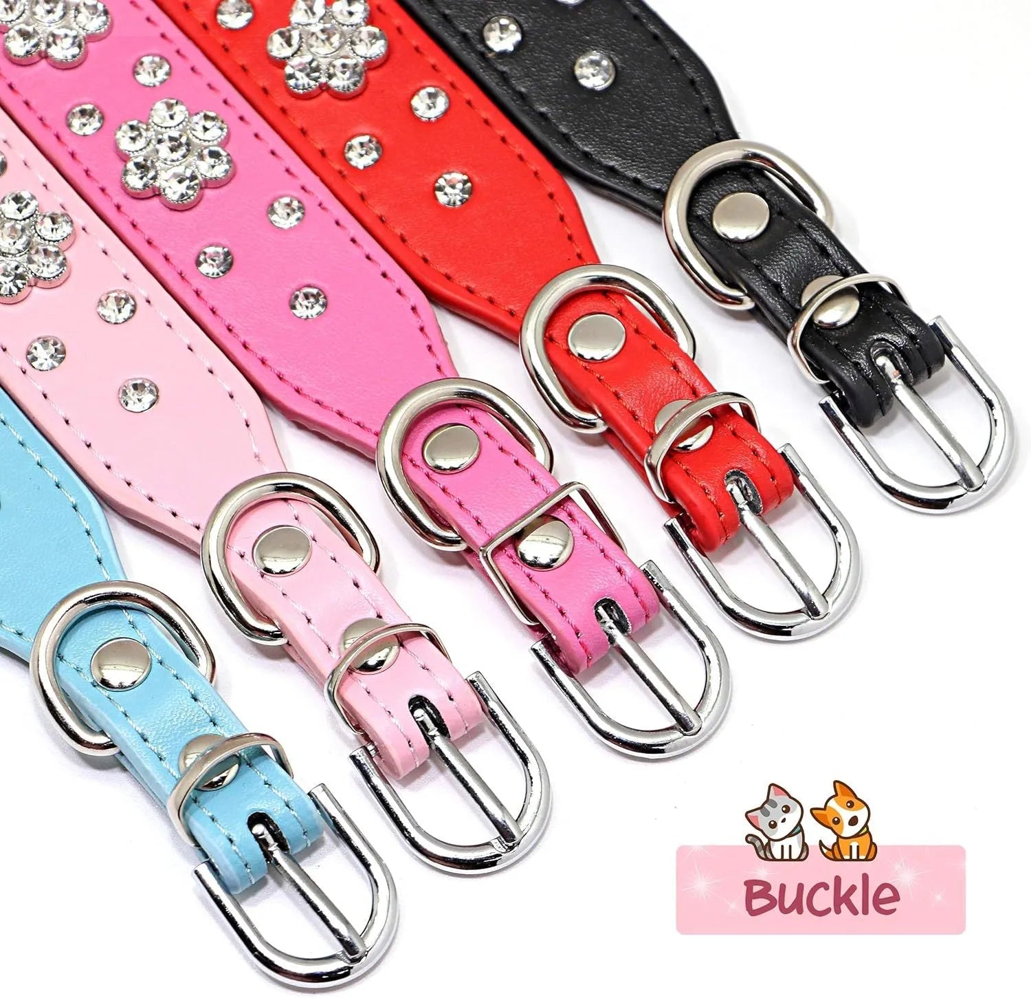 Black PU leather dog collar with rhinestone flower pattern and studded design, adjustable with metal eyelets