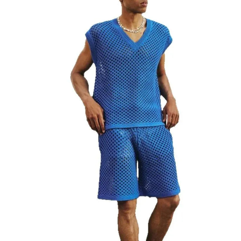 Men's blue V-neck sleeveless vest and matching shorts sports set laid flat.