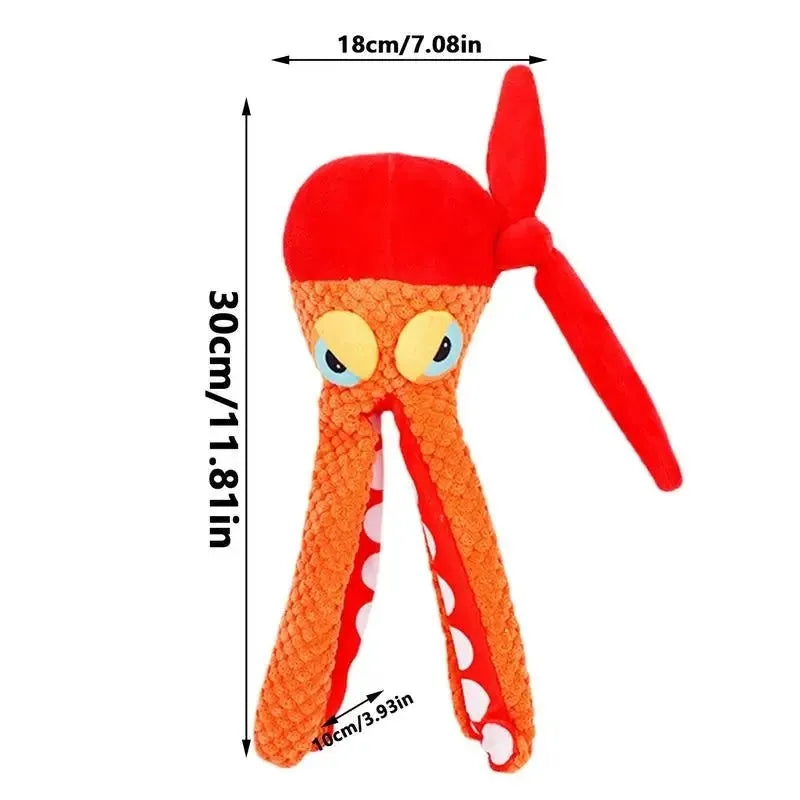 Orange octopus plush dog chew toy with textured tentacles and squeaker for dental cleaning