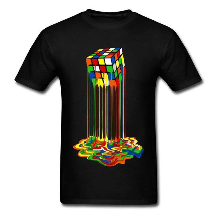 Rubik's Cube print short sleeve cotton T-shirt for men and women, available in white, red, grey, black, and yellow
