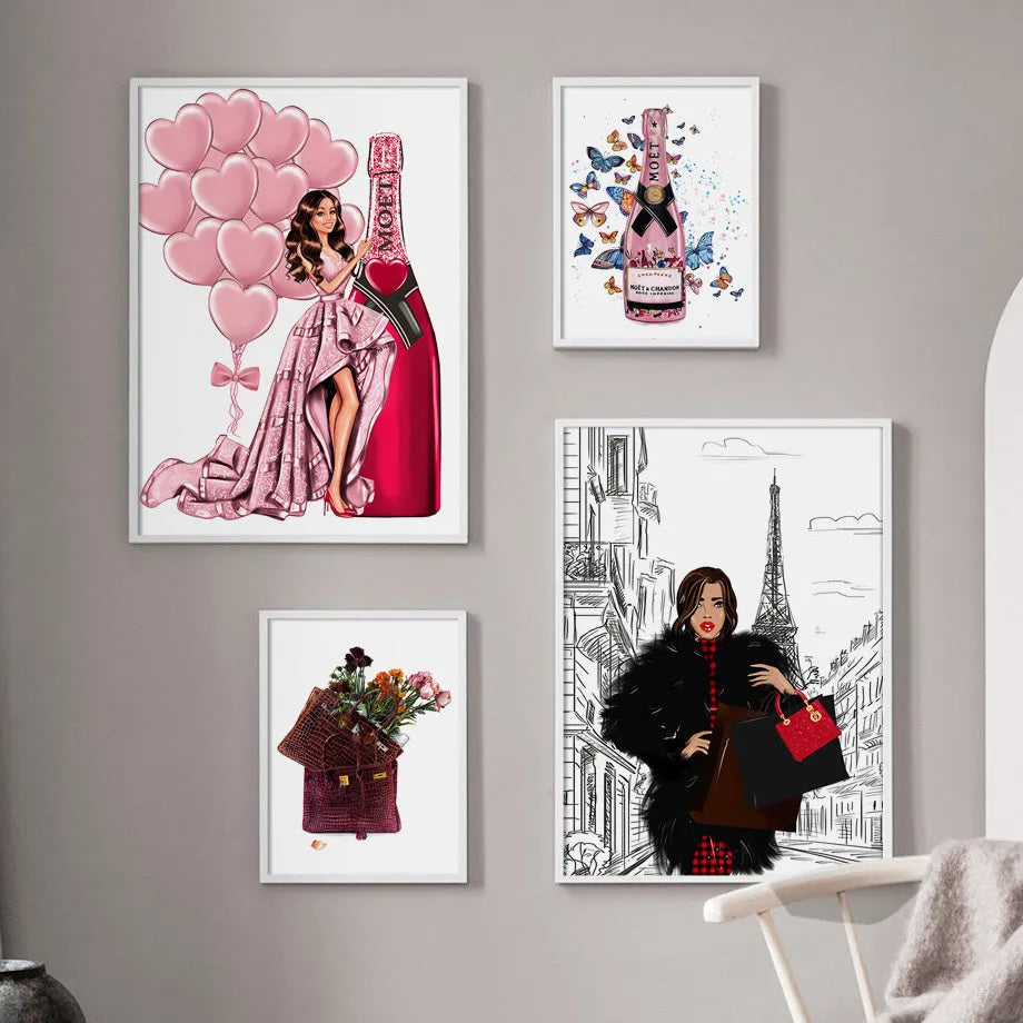 Cartoon style canvas wall art print showing fashion bag girl with champagne balloons