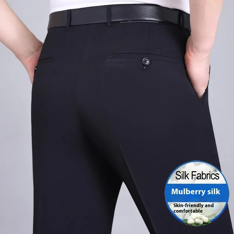 Men's straight-leg mulberry silk trousers in dark blue with high waist and non-iron fabric for business