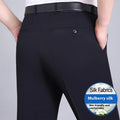 Men's straight-leg mulberry silk trousers in dark blue with high waist and non-iron fabric for business