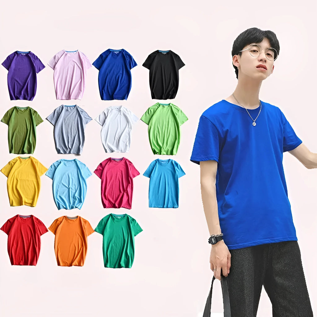 Men's solid colour combed cotton round neck T-shirt on a hanger.