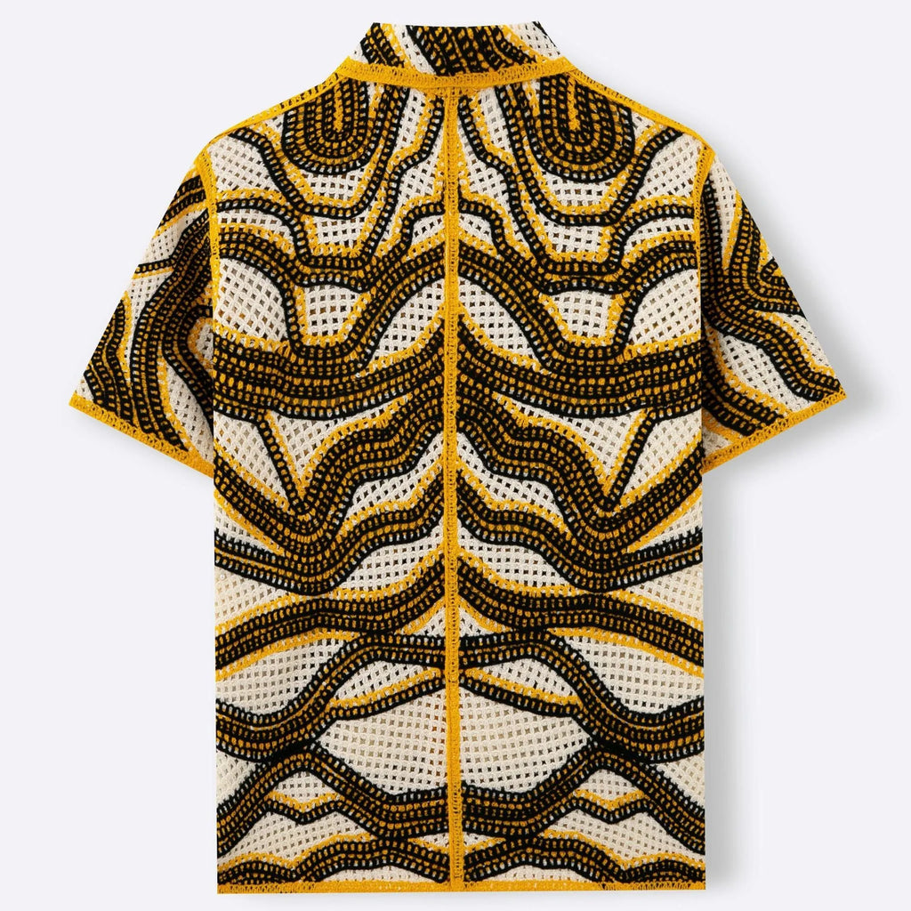 Khaki coloured short sleeve cardigan with thin striped texture and flocking detail on a hanger.