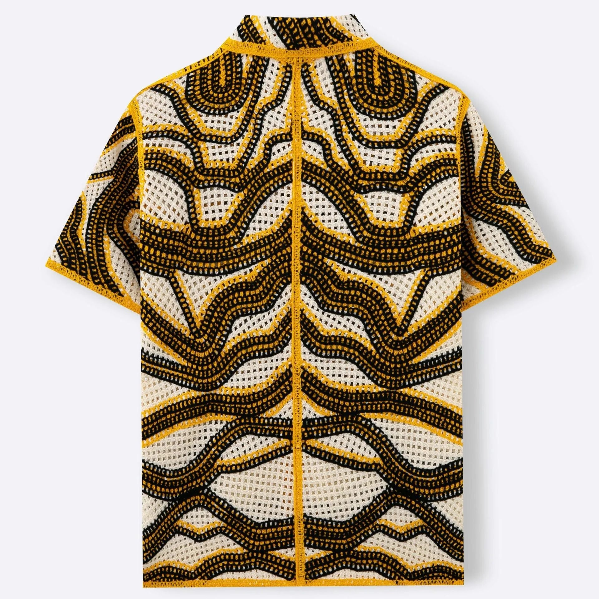 Khaki coloured short sleeve cardigan with thin striped texture and flocking detail on a hanger.