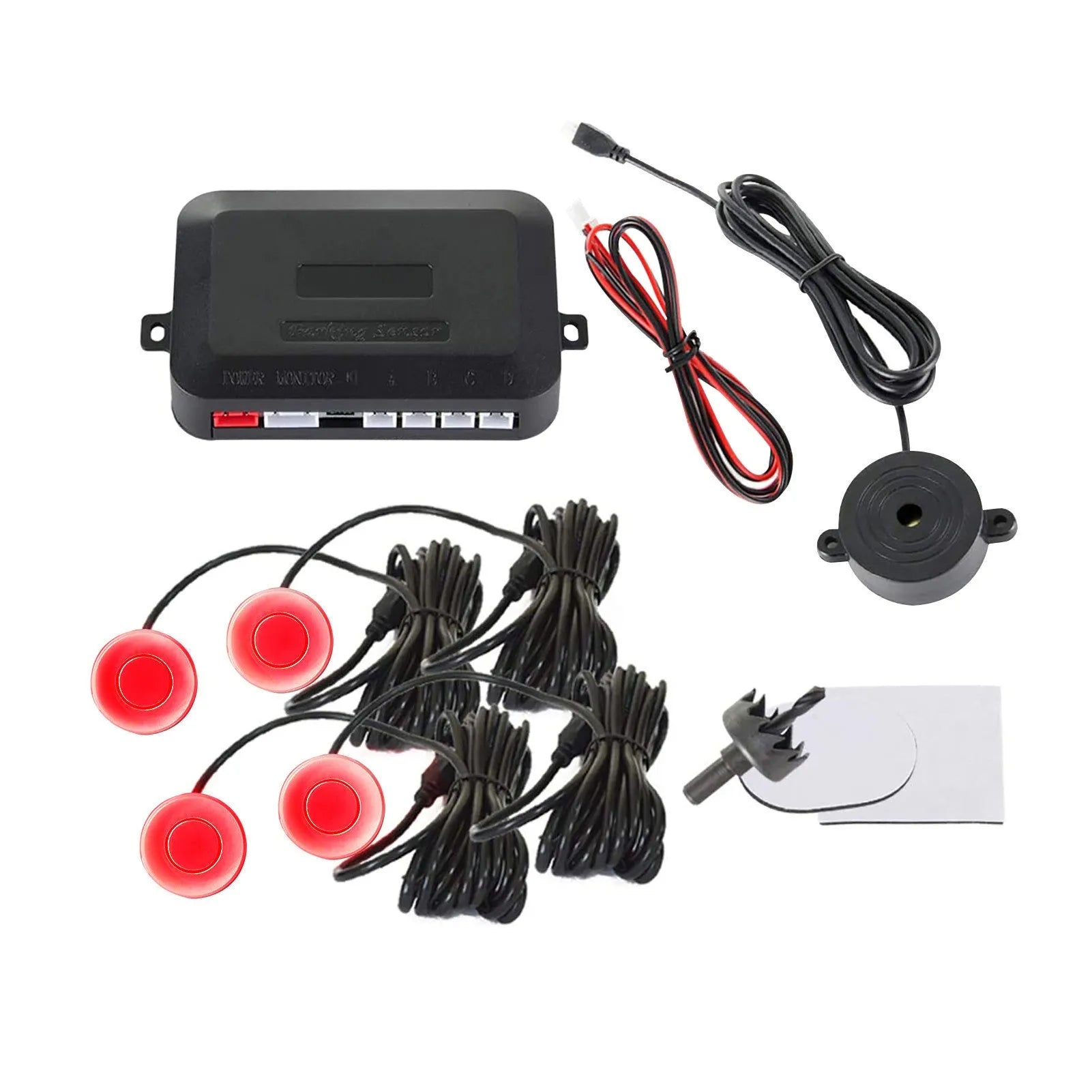 4-probe buzzer reversing radar system with sensors, control module, and installation tools for vehicle parking safety