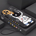 Colourful cartoon astronaut and planet design on a black silicone case for iPhone.