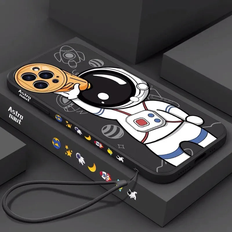 Colourful cartoon astronaut and planet design on a black silicone case for iPhone.