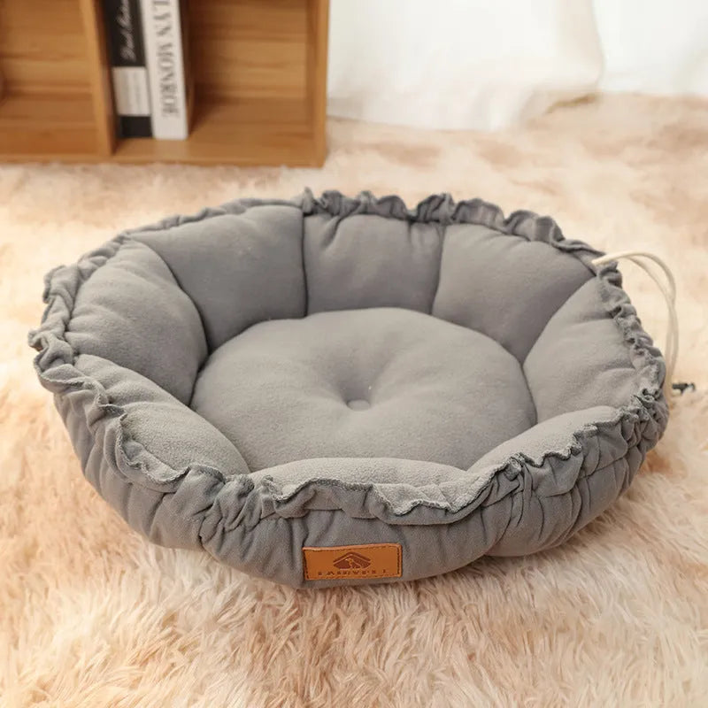 Reversible donut cat bed in grey or green colour, showing dual-use design and size options for indoor cats