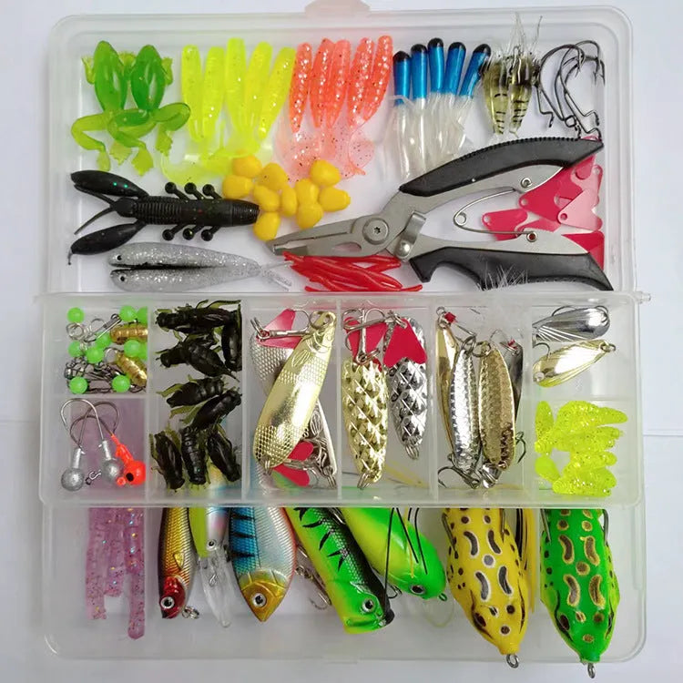 Lure Suit 142 pieces with fishing pliers, metal lures, plastic baits, and hard mino sequins arranged in tackle box