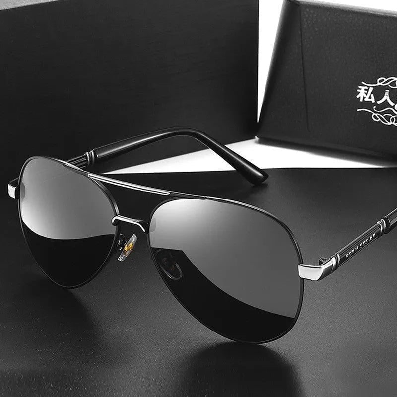 Men's polarised sunglasses with metal frames, dragon-phoenix decoration, and grey lenses for UV400 protection